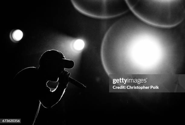 Musician Mac Miller performs onstage at the Sahara tent during day 1 of the Coachella Valley Music And Arts Festival at the Empire Polo Club on April...