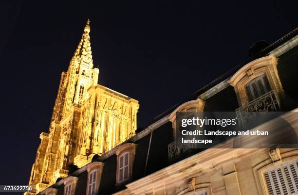 clocher de la cathédrale de strasbourg la nuit - vie nocturne stock-fotos und bilder