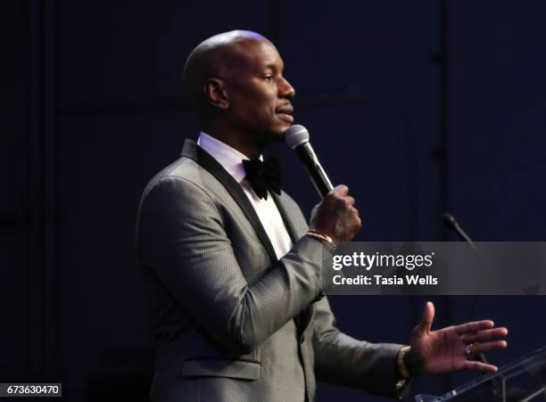 Actor/singer-songwriter Tyrese Gibson speaks onstage at We Day California 2017 Cocktail Reception at NeueHouse Hollywood on April 26, 2017 in Los...