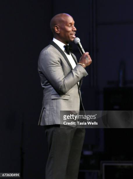 Actor/singer-songwriter Tyrese Gibson speaks onstage at We Day California 2017 Cocktail Reception at NeueHouse Hollywood on April 26, 2017 in Los...