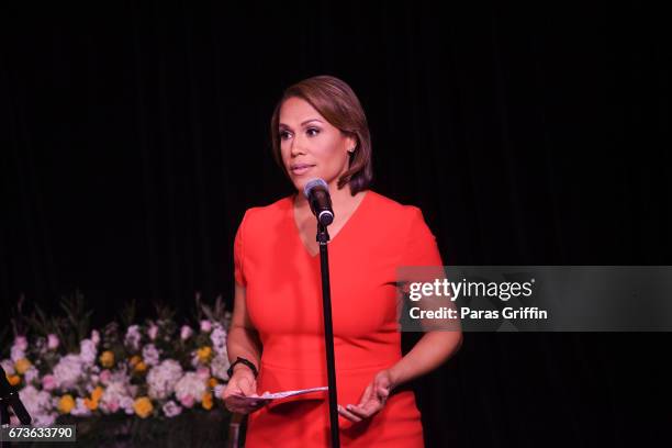 Jovita Moore speaks onstage at VH1 Save The Music Foundation's Musically Mastered Menu: Atlanta with Hailey Knox and Chef Jennifer Hill Booker at...