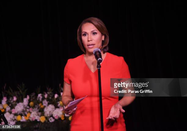 Jovita Moore speaks onstage at VH1 Save The Music Foundation's Musically Mastered Menu: Atlanta with Hailey Knox and Chef Jennifer Hill Booker at...