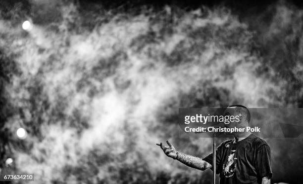 Musician Mac Miller performs onstage at the Sahara tent during day 1 of the Coachella Valley Music And Arts Festival at the Empire Polo Club on April...