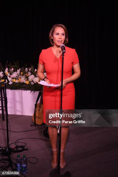 Jovita Moore speaks onstage at VH1 Save The Music Foundation's Musically Mastered Menu: Atlanta with Hailey Knox and Chef Jennifer Hill Booker at...