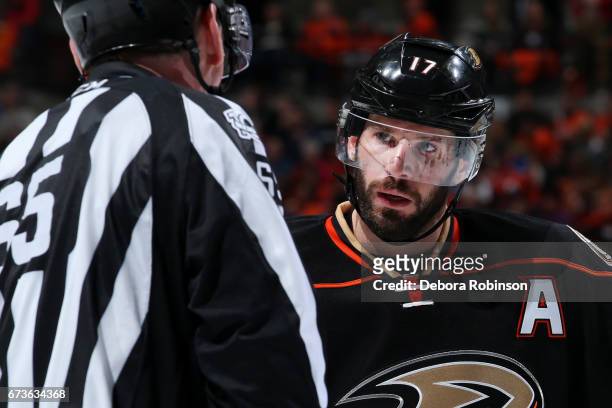 Ryan Kesler of the Anaheim Ducks chats with linesman Pierre Racicot in Game One of the Western Conference Second Round against the Edmonton Oilers...