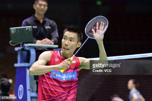 Lee Chong Wei of Malaysia reacts during 2017 Badminton Asia Championships men's singles second round match against Kenta Nishimoto of Japan at Wuhan...
