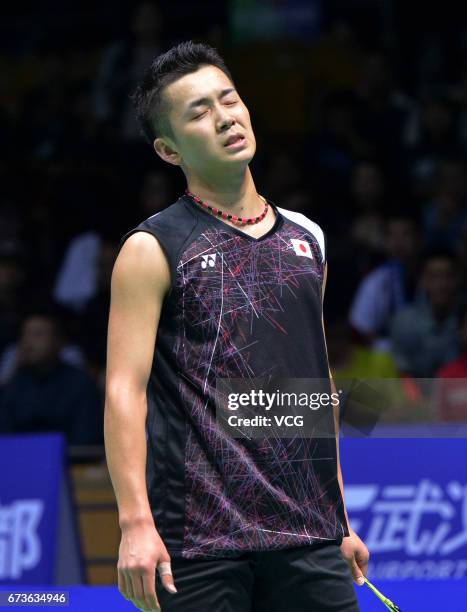 Kenta Nishimoto of Japan reacts during 2017 Badminton Asia Championships men's singles second round match against Lee Chong Wei of Malaysia at Wuhan...