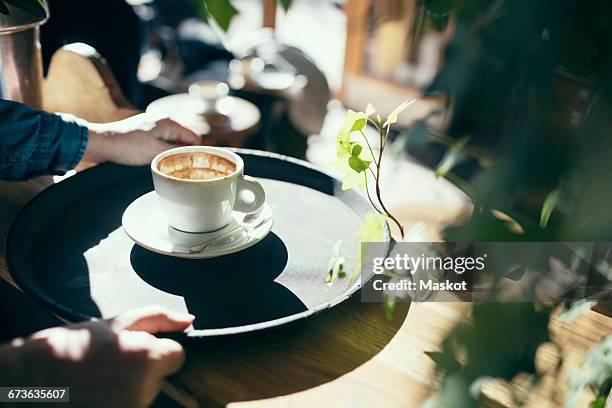 cropped image of hands holding serving tray with coffee cup in cafe - kellner tablett stock-fotos und bilder