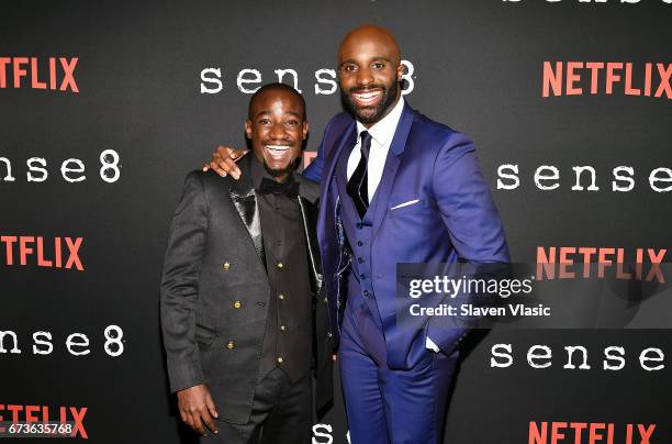 Actors Paul Ogola and Toby Onwumere attend "Sense8" New York Premiere at AMC Lincoln Square Theater on April 26, 2017 in New York City.