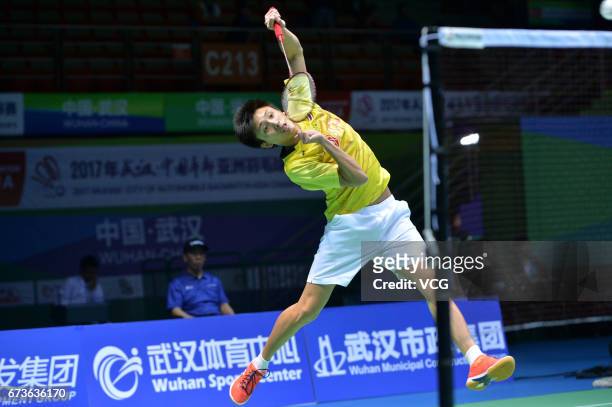 Tanongsak Saensomboonsuk of Thailand returns to Son Wan-ho of South Korea during 2017 Badminton Asia Championships men's singles second round match...