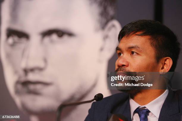 Boxer Manny Pacquiao of the Philippines speaks to media during a press conference at Invictus Gym on April 27, 2017 in Melbourne, Australia. Pacquiao...