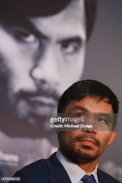 Boxer Manny Pacquiao of the Philippines speaks to media during a press conference at Invictus Gym on April 27, 2017 in Melbourne, Australia. Pacquiao...