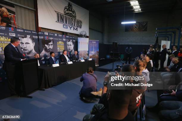 General view is seen as Boxers Manny Pacquiao of the Philippines and Jeff Horn of Australia speak the media during a press conference at Invictus Gym...