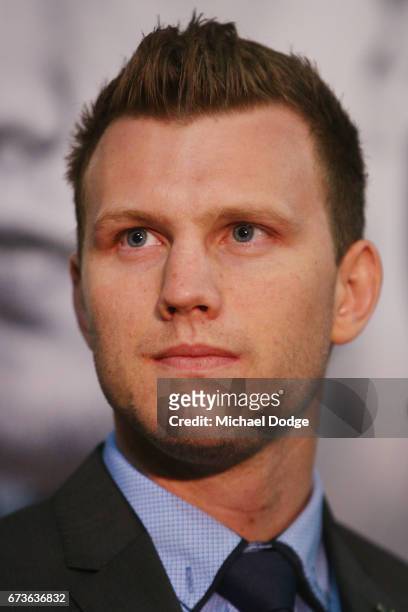 Boxer Jeff Horn of Australia, who will fight Boxer Manny Pacquiao of the Philippines, speaks to the media during a press conference at Invictus Gym...
