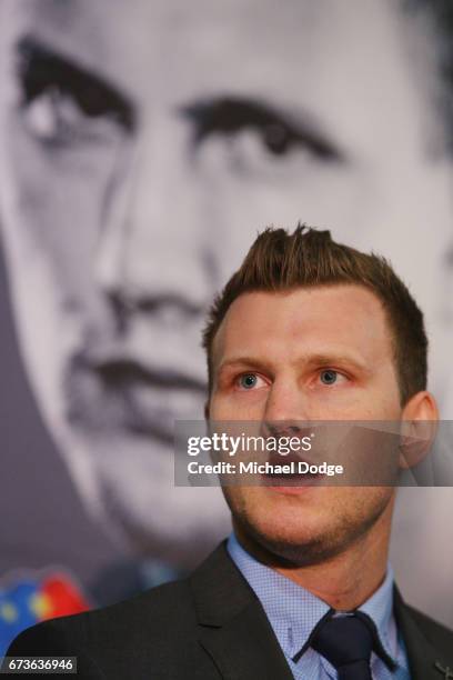 Boxer Jeff Horn of Australia, who will fight Boxer Manny Pacquiao of the Philippines, speaks to the media during a press conference at Invictus Gym...