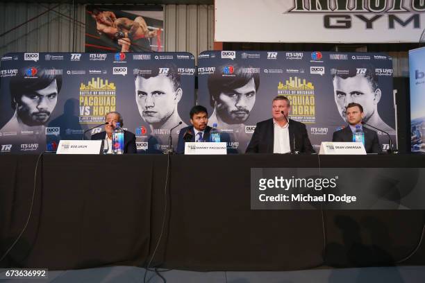 General view is seen as Boxers Manny Pacquiao of the Philippines and Jeff Horn of Australia speak the media during a press conference at Invictus Gym...