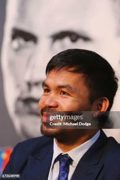 Boxer Manny Pacquiao of the Philippines reacts during a press conference at Invictus Gym on April 27, 2017 in Melbourne, Australia. Pacquiao will...