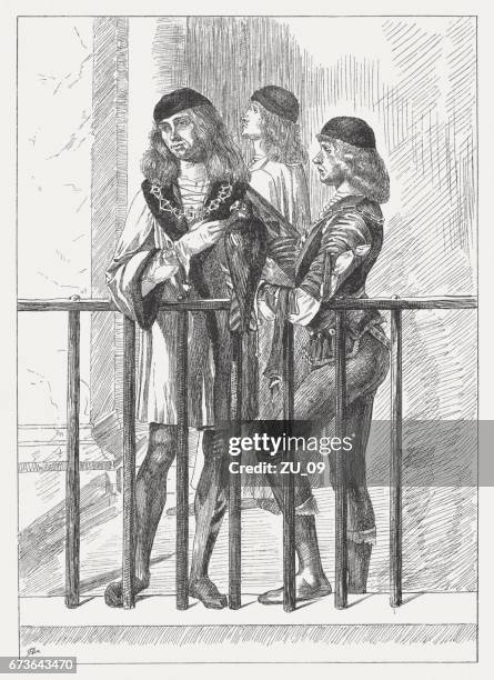noblemen (legend of saint ursula), painted (1497/98) by vittore carpaccio - carpaccio painter stock illustrations