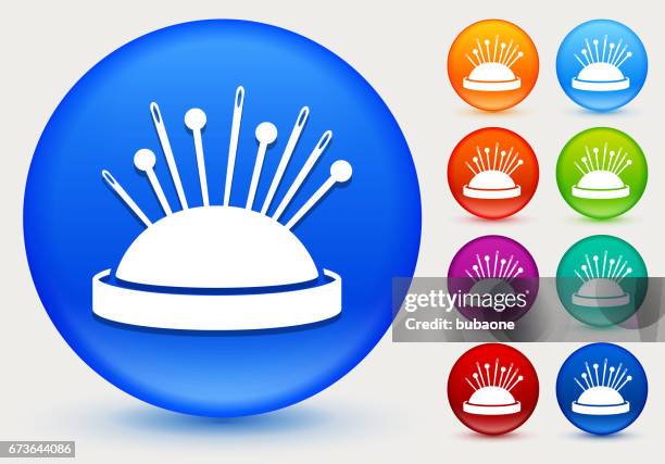 needle pins icon on shiny color circle buttons - sewing machine white background stock illustrations