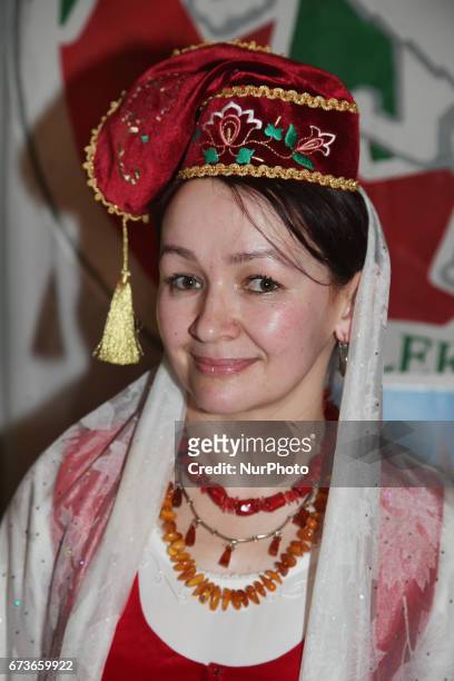 Tartar woman wearing the traditional dress of Tatarstan during Nevruz celebrations in Toronto, Canada. Nevruz which means 'new day' marks the first...