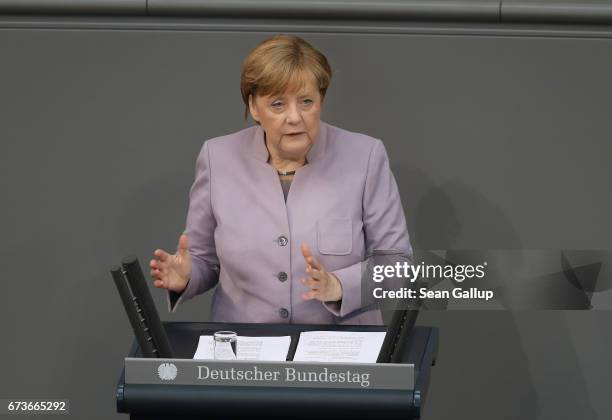 German Chancellor Angela Merkel gives a government declaration outlining Germany's position on negotiations over the United Kingdom's departure from...