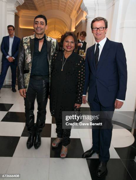 Raquib Shaw, Mrs Mittal and Thaddaeus Ropac attend the opening of Galerie Thaddaeus Ropac London on April 26, 2017 in London, England.