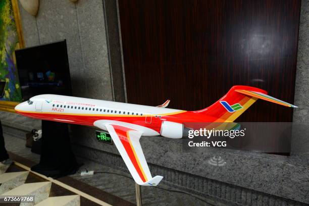 Model of ARJ21 aircraft is displayed at 1st CAAC-EASA Aviation Safety Conference on April 27, 2017 in Shanghai, China. Civil Aviation Administratin...