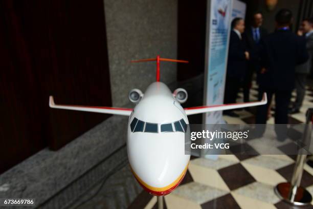 Model of ARJ21 aircraft is displayed at 1st CAAC-EASA Aviation Safety Conference on April 27, 2017 in Shanghai, China. Civil Aviation Administratin...