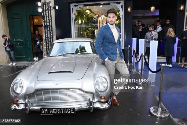 Model Baptiste Giabiconi attends "Aston Martin by Hackett" : Capsule Collection Launch at Hackett Store Capucines on April 26, 2017 in Paris, France.