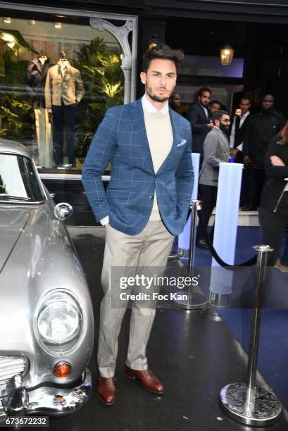 Model Baptiste Giabiconi attends "Aston Martin by Hackett" : Capsule Collection Launch at Hackett Store Capucines on April 26, 2017 in Paris, France.