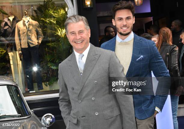 Model Baptiste Giabiconi and Jeremy Hackett attend "Aston Martin by Hackett" : Capsule Collection Launch at Hackett Store Capucines on April 26, 2017...