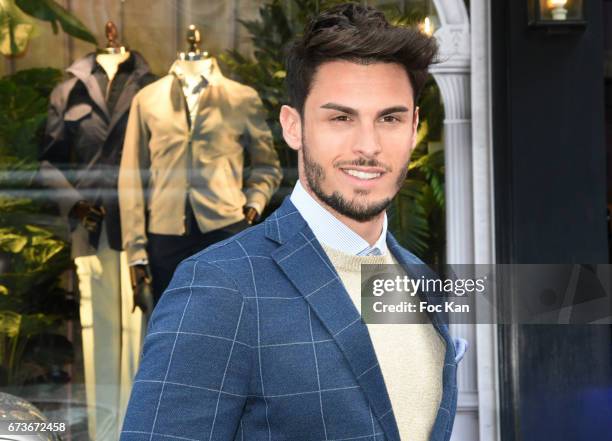 Model Baptiste Giabiconi attends "Aston Martin by Hackett" : Capsule Collection Launch at Hackett Store Capucines on April 26, 2017 in Paris, France.