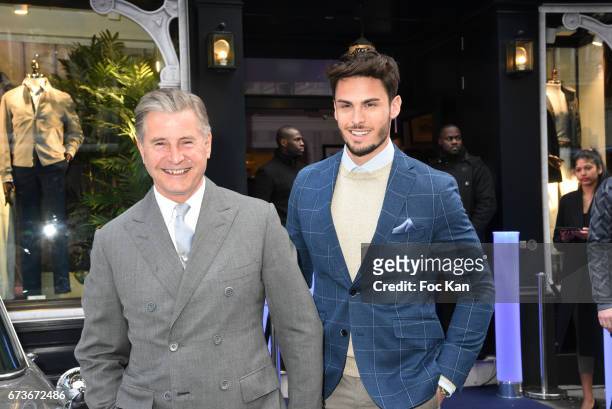 Model Baptiste Giabiconi and Jeremy Hackett attend "Aston Martin by Hackett" : Capsule Collection Launch at Hackett Store Capucines on April 26, 2017...