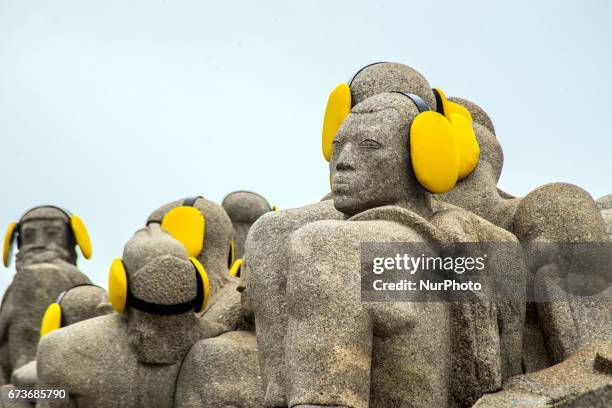Monument to the Bandeiras is seen with yellow ear protectors on the 'International Noise Awareness Day' in Sao Paulo, Brazil on April 26, 2017.