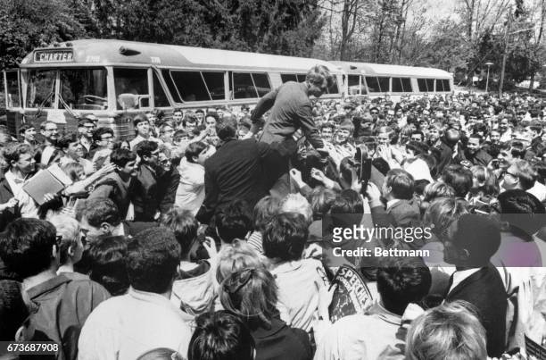 Senator Robert F. Kennedy got his most enthusiastic reception yet in his Indiana presidential primary campaign when he visited Indiana University. He...