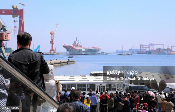 China launches its first domestically developed aircraft carrier at Dalian Port during a launch ceremony on April 26, 2017 in Dalian, Liaoning...