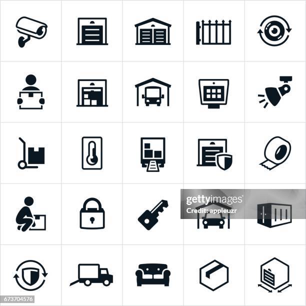 ilustraciones, imágenes clip art, dibujos animados e iconos de stock de iconos de self-storage - puerta entrada