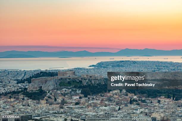 springtime sunset over athens from mount lycabettus, athens - akropolis stock pictures, royalty-free photos & images