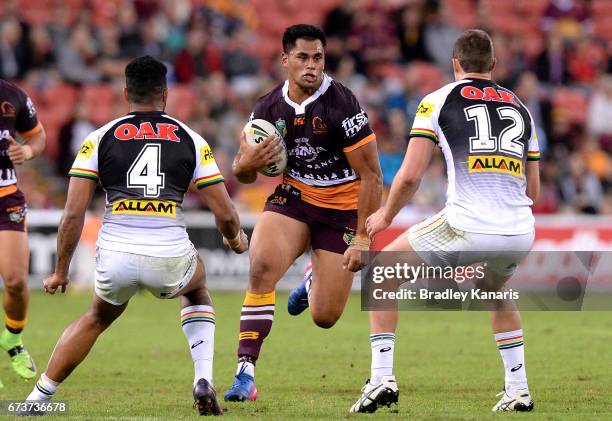 Herman Ese'Ese of the Broncos looks to take on the defence during the round nine NRL match between the Brisbane Broncos and the Penrith Panthers at...