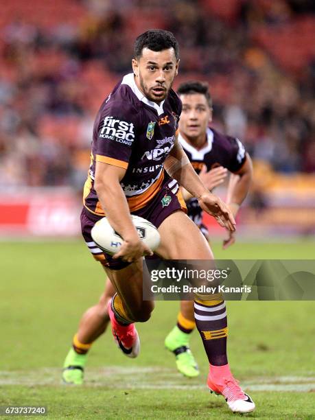 Jordan Kahu of the Broncos breaks away from the defence during the round nine NRL match between the Brisbane Broncos and the Penrith Panthers at...