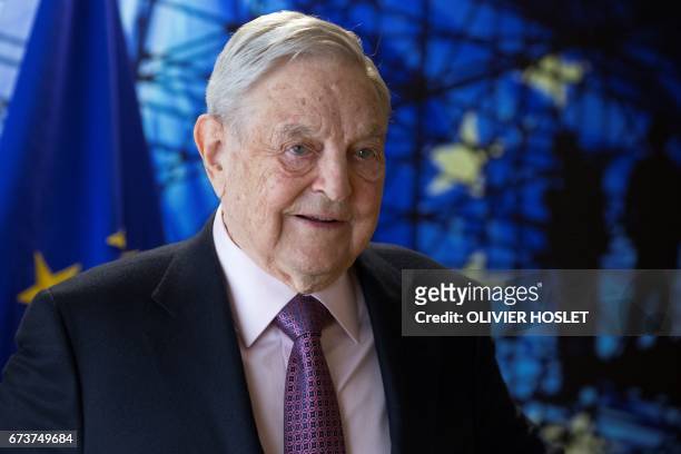 George Soros, Founder and Chairman of the Open Society Foundations arrives for a meeting in Brussels, on April 27, 2017. - Meeting will mainly focus...