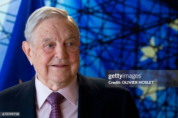 George Soros, Founder and Chairman of the Open Society Foundations arrives for a meeting in Brussels, on April 27, 2017. - Meeting will mainly focus...