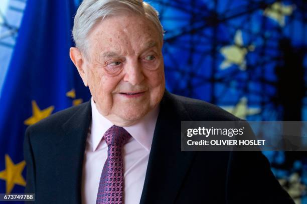 George Soros, Founder and Chairman of the Open Society Foundations arrives for a meeting in Brussels, on April 27, 2017. - Meeting will mainly focus...