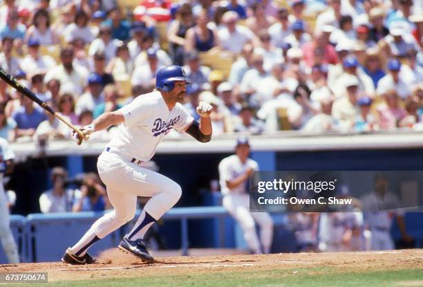 Kirk Gibson of the Los Angeles Dodgers circa 1988 bats at Dodger Stadium in Los Angeles, California.