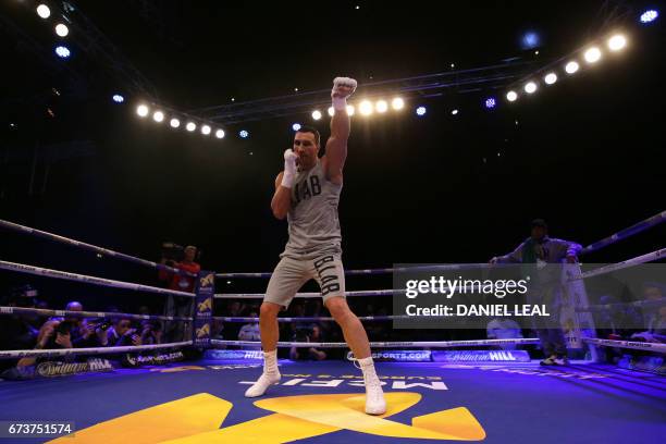 Ukraine's Wladimir Klitschko takes part in a work-out at Wembley Stadium in north west London on April 26 ahead of his IBF, IBO and WBA Super, world...