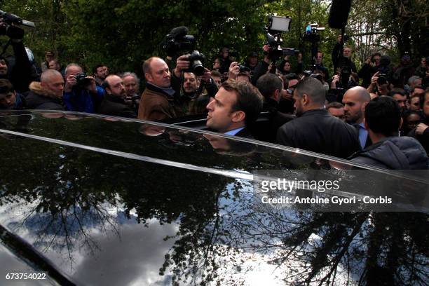 President of the political movement 'En Marche" and French presidential election candidate Emmanuel Macron meets strike employees of Whirlpool on...
