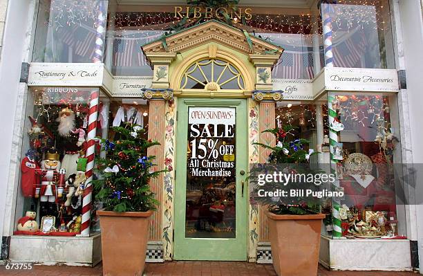 Store front is decorated for the Christmas shopping season with both trees and sale signs November 27, 2001 in Birmingham, Michigan.