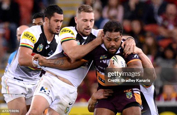 Sam Thaiday of the Broncos takes on the defence during the round nine NRL match between the Brisbane Broncos and the Penrith Panthers at Suncorp...