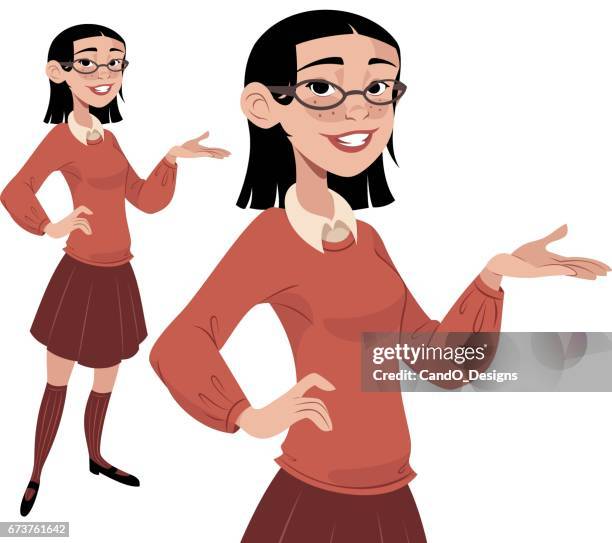 nerdy girl presenting - girls school uniform stock illustrations