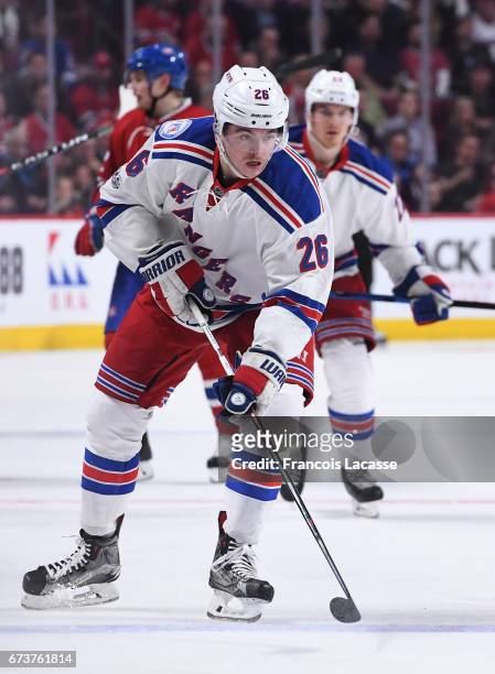 Jimmy Vesey of the New York Rangers skates against the Montreal Canadiens in Game Five of the Eastern Conference Quarterfinals during the 2017 NHL...